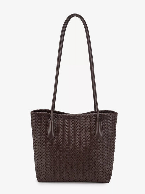 Coffee Brown Woven-Texture Shoulder Bag: Brown woven-texture tote, front product view