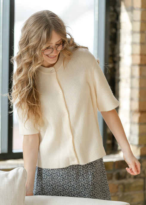 Zadie ivory cardigan front view showing the button placket and roomy short sleeves