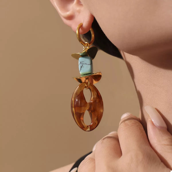 Turquoise-Tone Geometric Drop Earrings – Resin & Gold-Plated