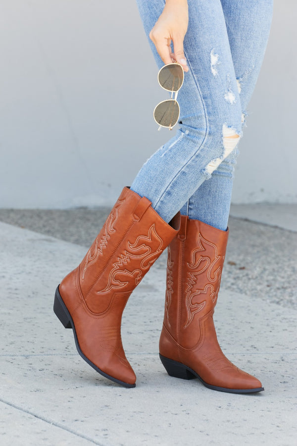 Fortune Dynamic Embroidered Mid-Calf Cowboy Boots – Cognac