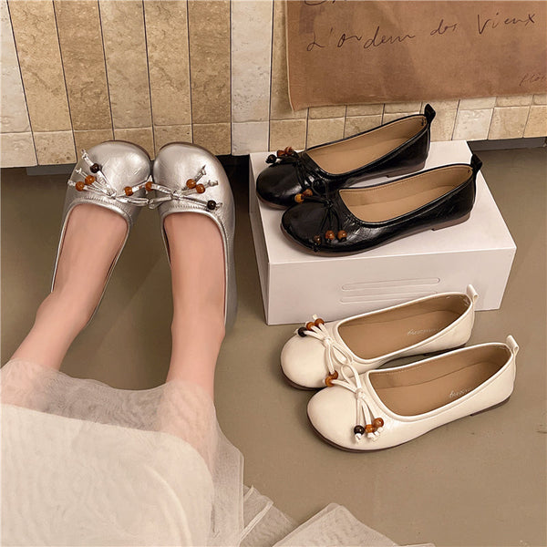 Women’s Bow & Bead Ballet Flats in Black, Beige & Silver