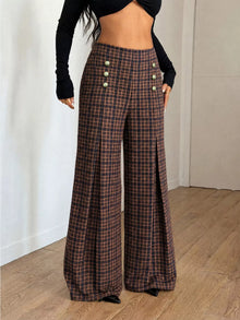 Brown Plaid Wide-Leg Pants with Decorative Buttons