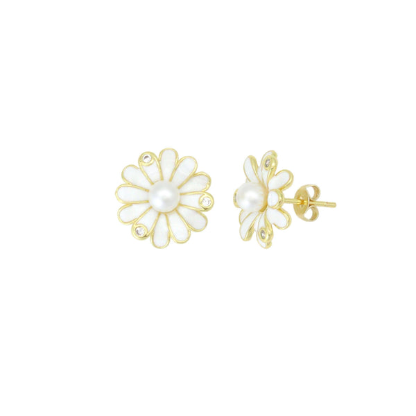 White Enamel Daisy Stud Earrings with Pearl-Look Centers