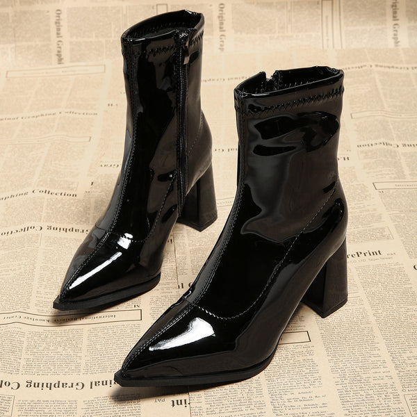 Women’s Glossy PU Pointed-Toe Ankle Boots