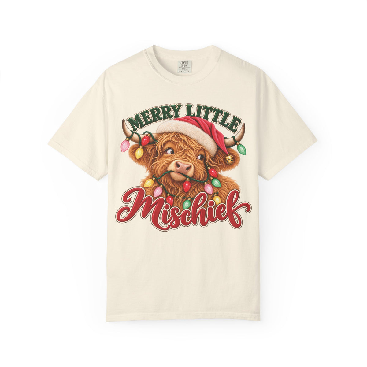 Merry Little Mischief Highland Cow Christmas Tee | Comfort Colors®