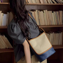 Beige & Navy Canvas Color-Block Shoulder Bag