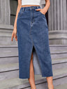 Front-Slit Denim Midi Skirt with Pockets