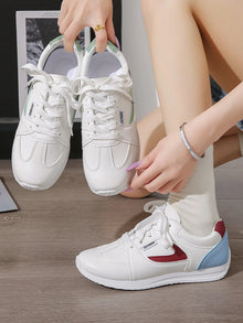 White Contrast Lace-Up Sneakers — Red or Green Accents