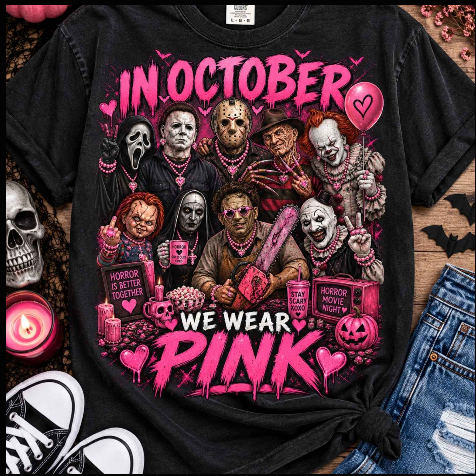 Black In October We Wear Pink graphic T-shirt with pink lettering and a horror-character collage.