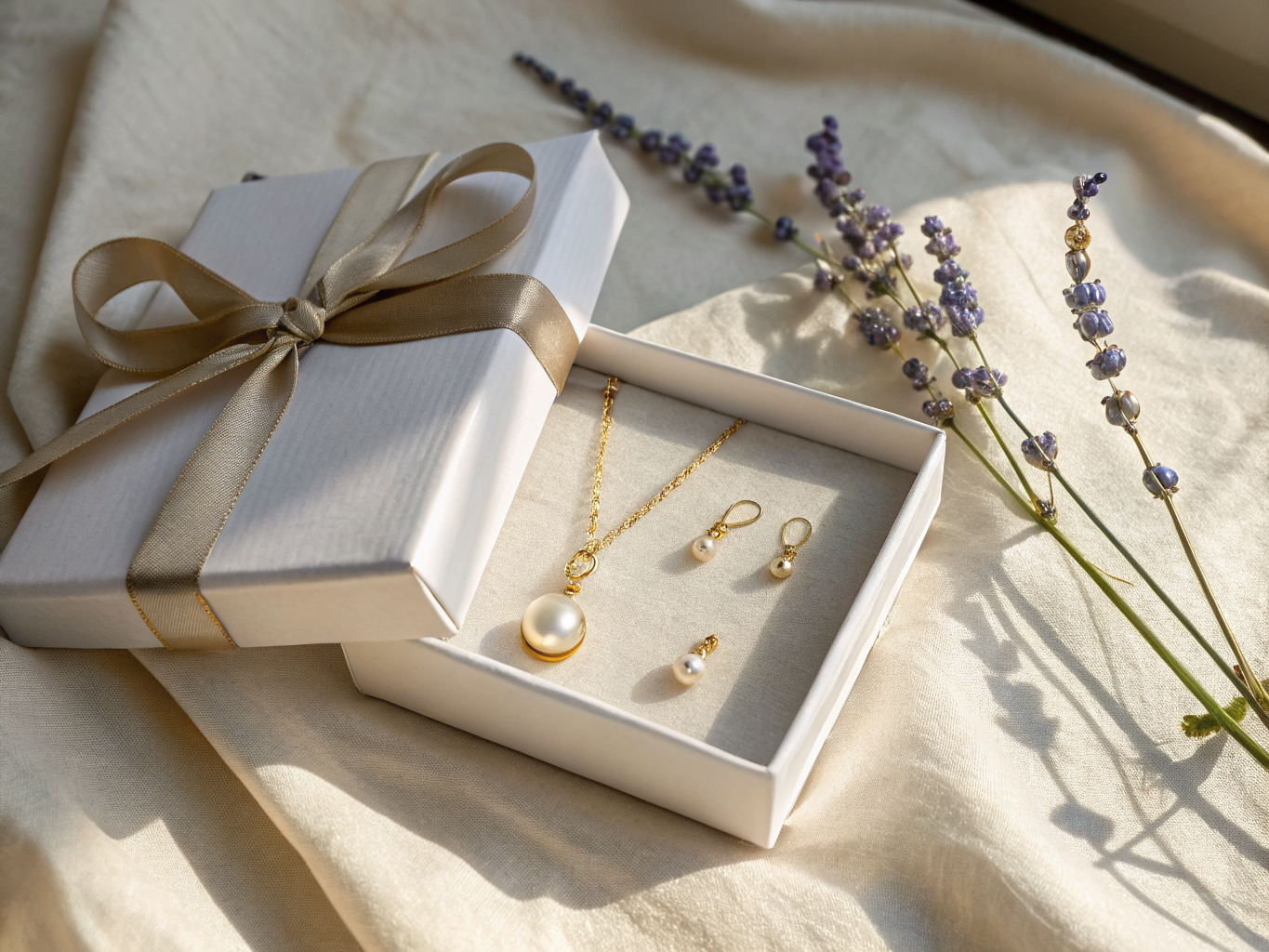 Signature jewelry gift packaging with velvet pouch and protective wrap