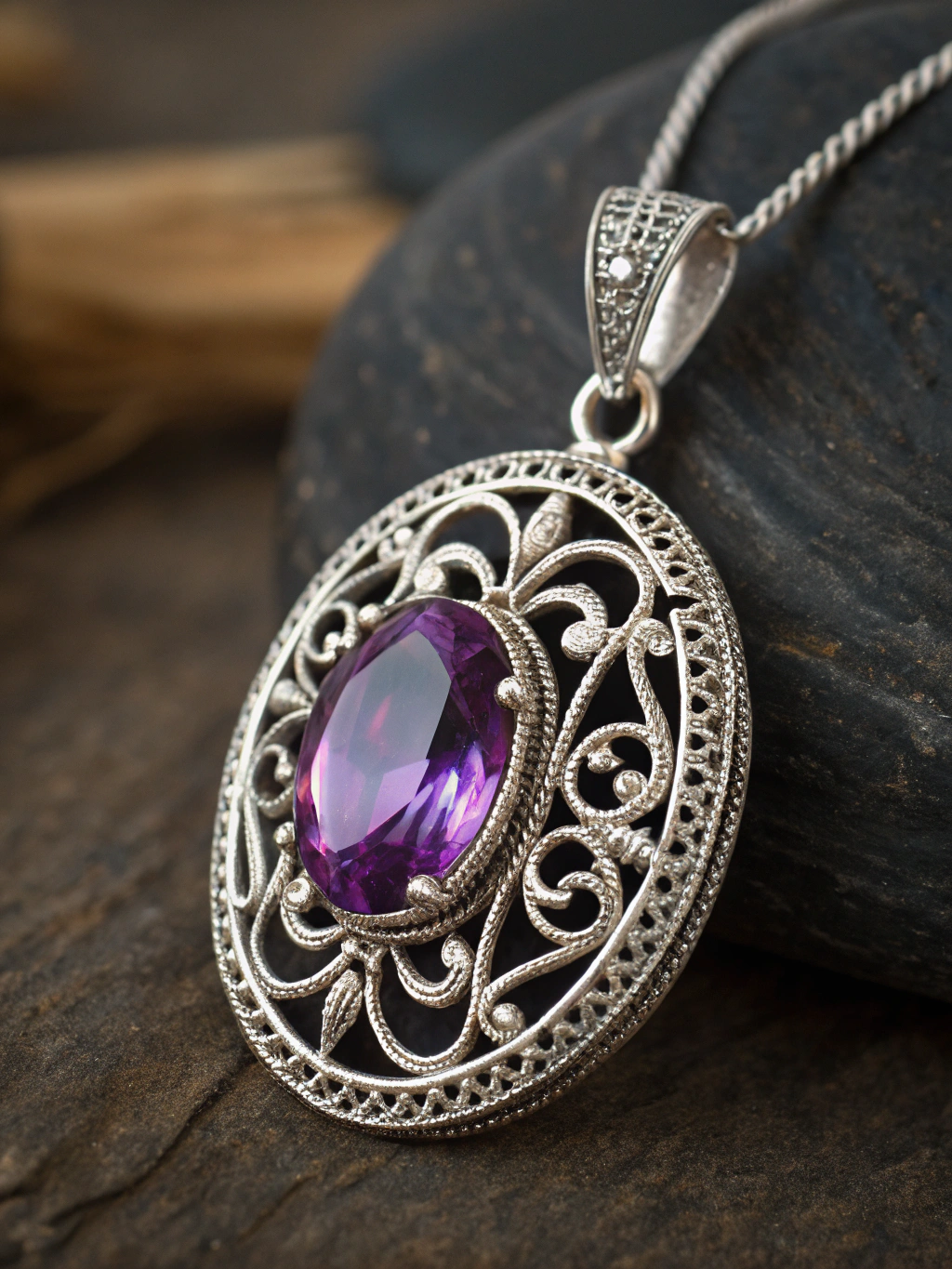 Handcrafted raw gemstone pendant with intricate gold wire wrapping in warm golden hour sunlight