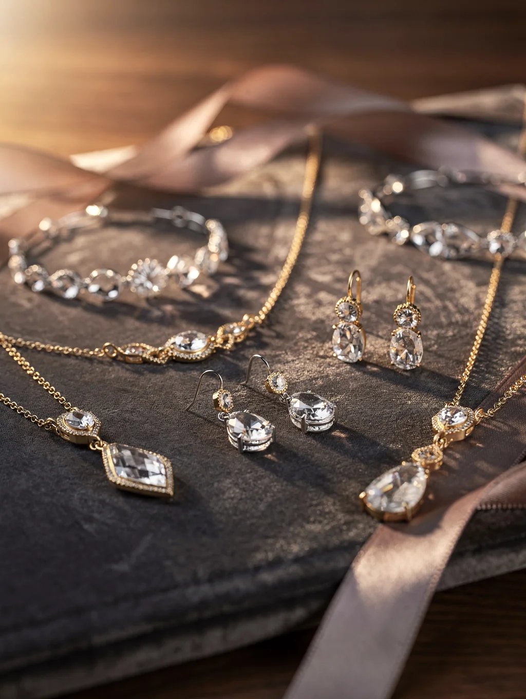 Curated vintage and thrifted jewelry heirlooms arranged on antique silk