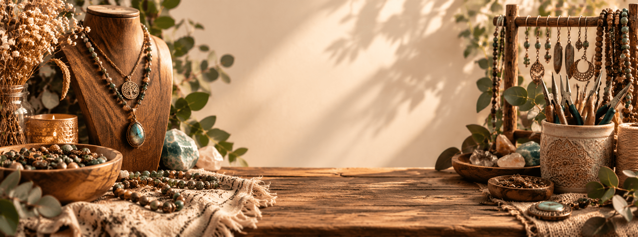 Handmade jewelry workshop tabletop with natural crystals, wire wrapping, and artisanal tools